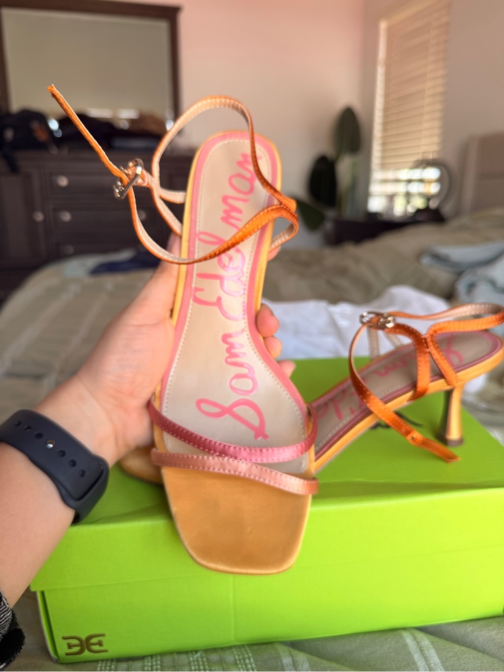 Sam Edelman Presley satin Ankle Strap Kitten heels Pink/Orange - Picture 6 of 9